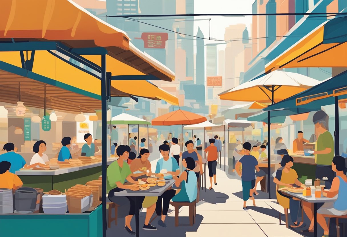 A bustling hawker center with steaming kaya toast, fragrant kopi, and locals chatting in multiple languages. Vibrant colors and diverse food stalls capture the cultural significance of a typical Singaporean breakfast