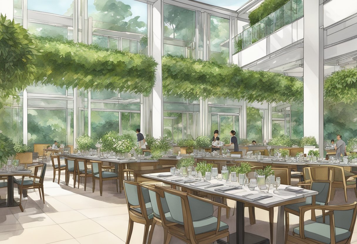 A bustling dining area surrounded by lush greenery and modern architecture at the Orchard Hotel in Singapore