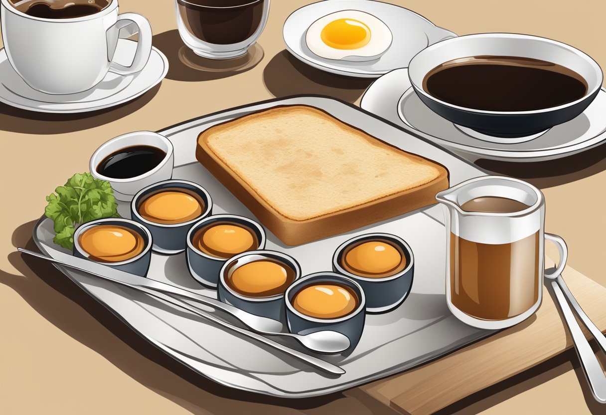 A table set with kaya toast, soft-boiled eggs, and kopi, with a side of soy sauce and pepper
