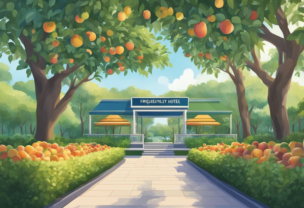 A vibrant orchard with neatly lined fruit trees, a sign reading "Frequently Asked Questions Orchard Hotel Singapore" at the entrance, surrounded by lush greenery and a clear blue sky