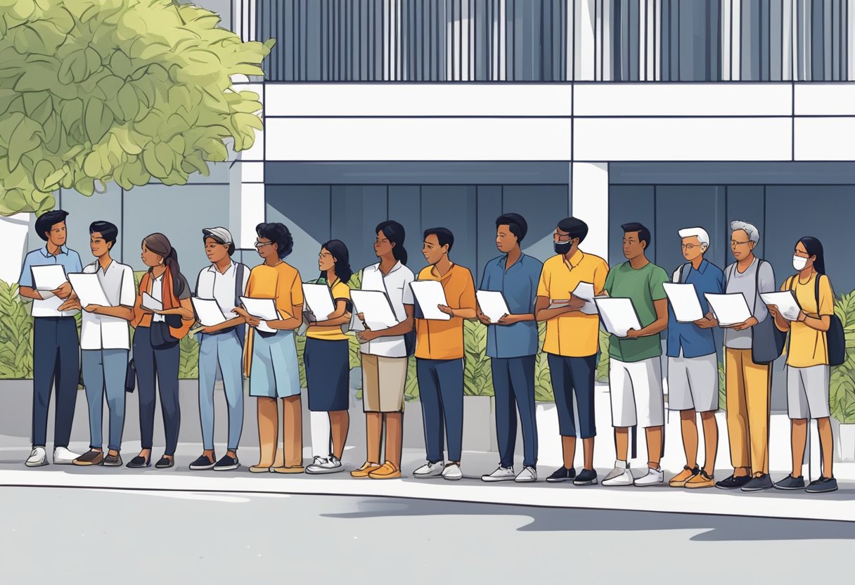 A diverse group of people line up outside a US embassy in Singapore, holding various documents and forms, waiting to submit their visa applications