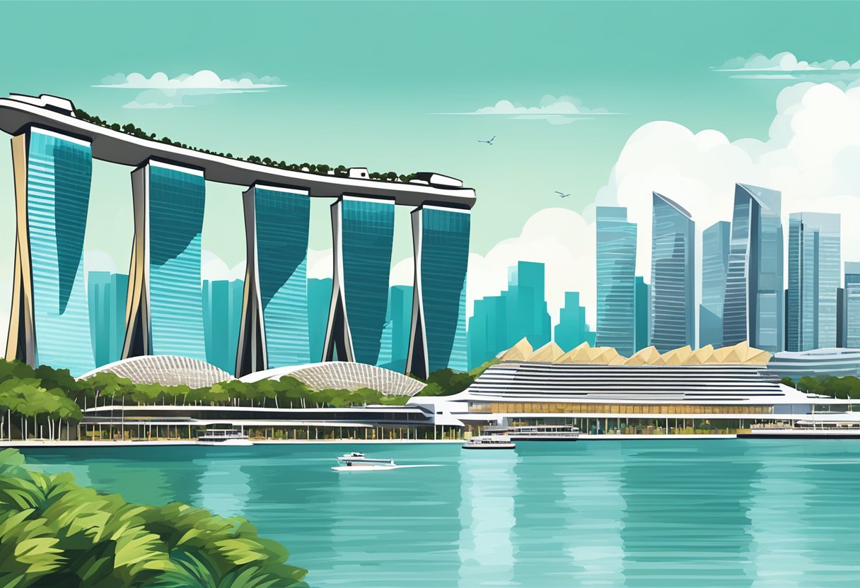 A bustling bayfront avenue with Marina Bay Sands in the background, overlooking the serene waters of Marina Bay in Singapore