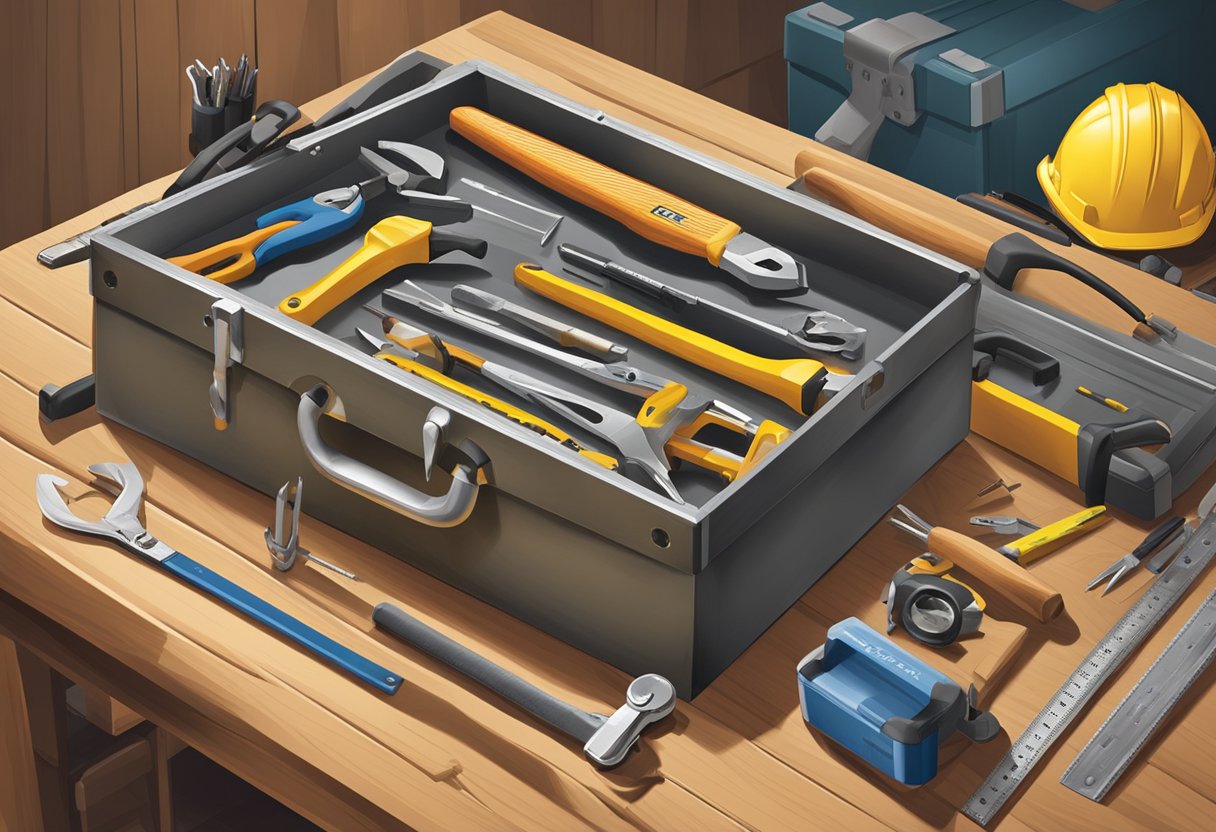 A toolbox sits open on a wooden workbench, filled with various tools such as hammers, screwdrivers, and pliers. A tape measure and level are also visible, along with a pair of safety goggles