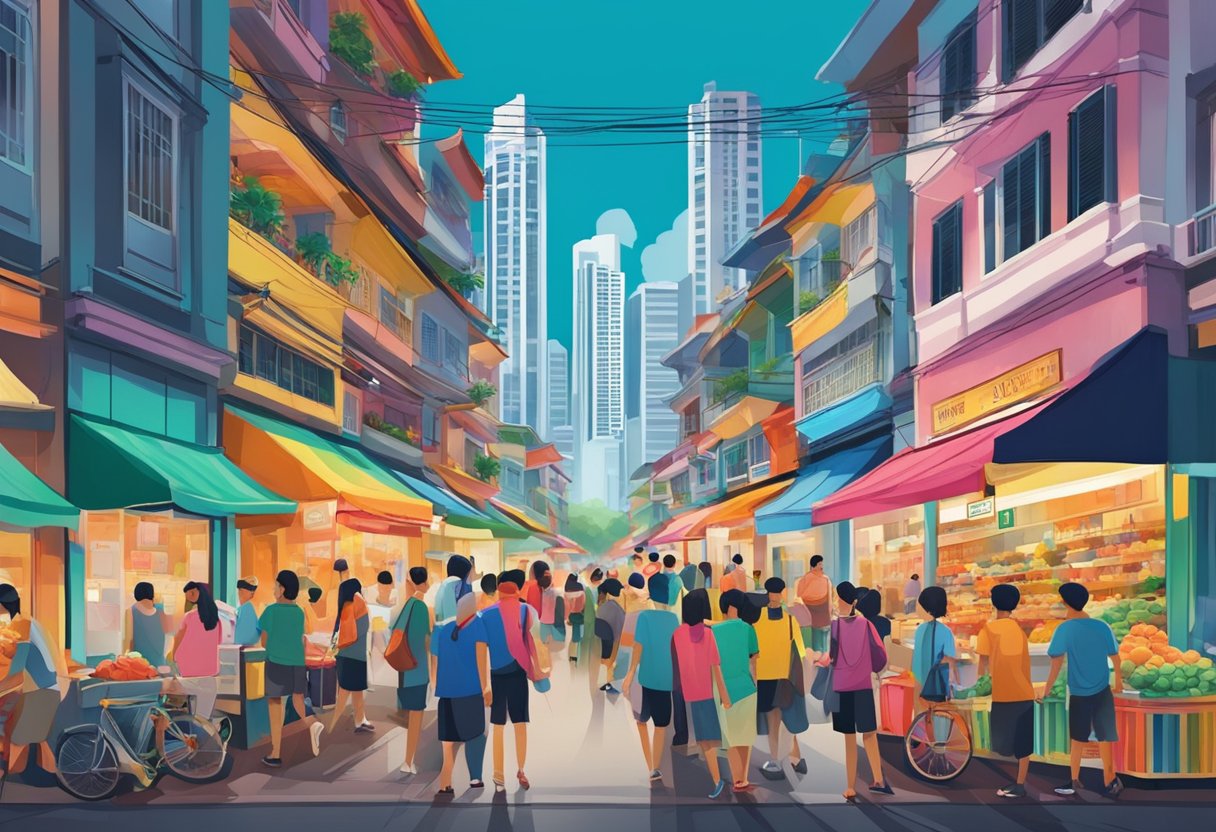 A bustling street in highlander singapore, with colorful shopfronts and vibrant street vendors. The iconic skyline looms in the background, capturing the energy of the city