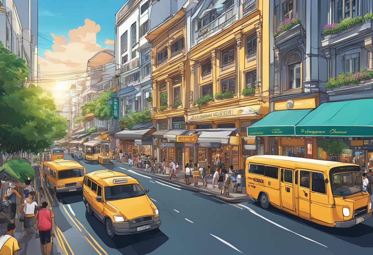 A bustling city street in Singapore with the iconic Highlander Singapore bar and restaurant in the background. Bright lights and vibrant energy fill the air