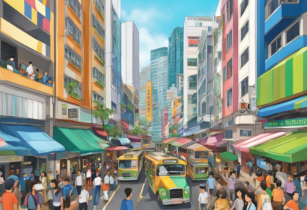 The bustling streets of Hotel Bugis, Singapore, with colorful buildings, bustling markets, and vibrant street life