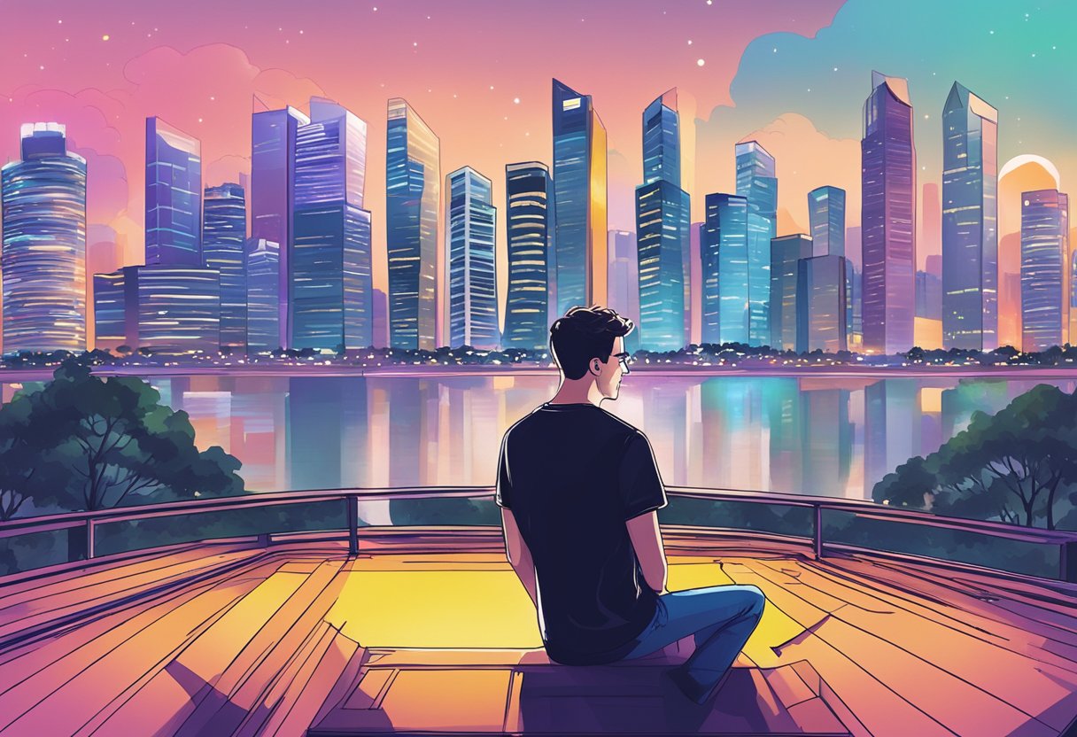Lauv performing on stage in Singapore with a vibrant city skyline backdrop