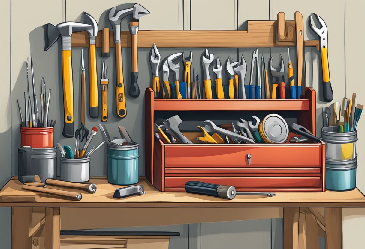 A toolbox sits open on a workbench, filled with various tools such as hammers, screwdrivers, and wrenches. A ladder leans against the wall, and a can of paint stands nearby