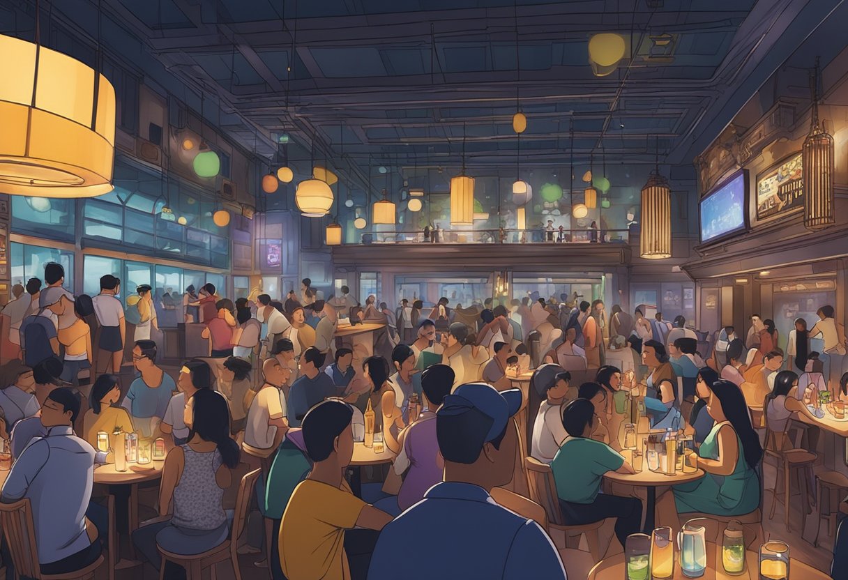 A bustling crowd fills the highlander singapore venue, with live bands playing on stage and patrons enjoying drinks and lively conversations