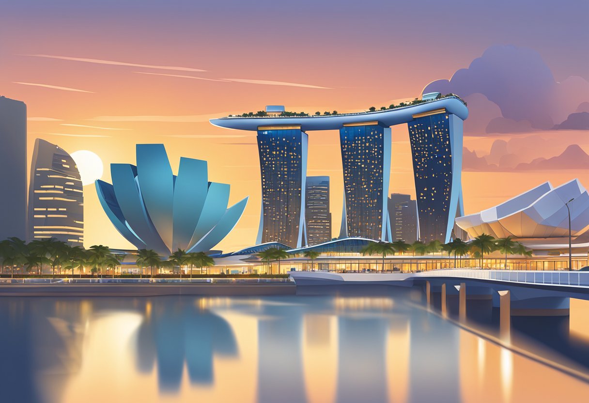 The sun sets over the iconic Marina Bay Sands in Singapore, casting a warm glow on the sleek architecture and bustling waterfront promenade