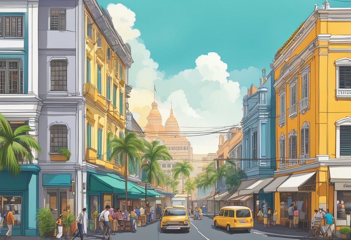 A bustling Singapore street with colorful colonial buildings, palm trees, and a distant view of the iconic Long John Silver restaurant sign