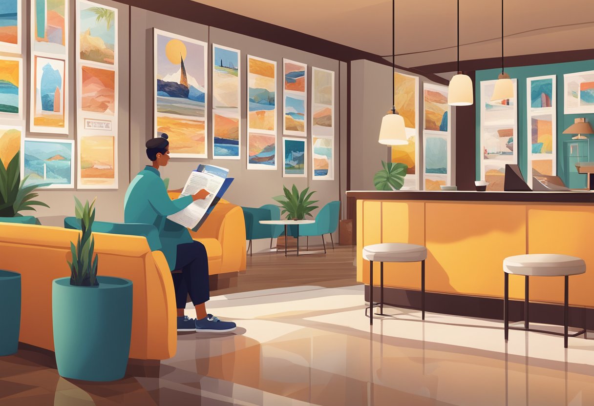 A person browsing hotel brochures in a cozy lobby, surrounded by colorful travel posters and a helpful concierge