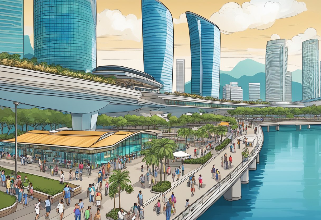The bustling bayfront avenue at Marina Bay Sands, Singapore, with the iconic hotel and casino towering over the waterfront