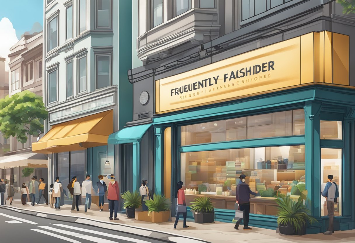 A bustling city street with a prominent sign for "Frequently Asked Questions Highlander Singapore" above a modern, sleek storefront