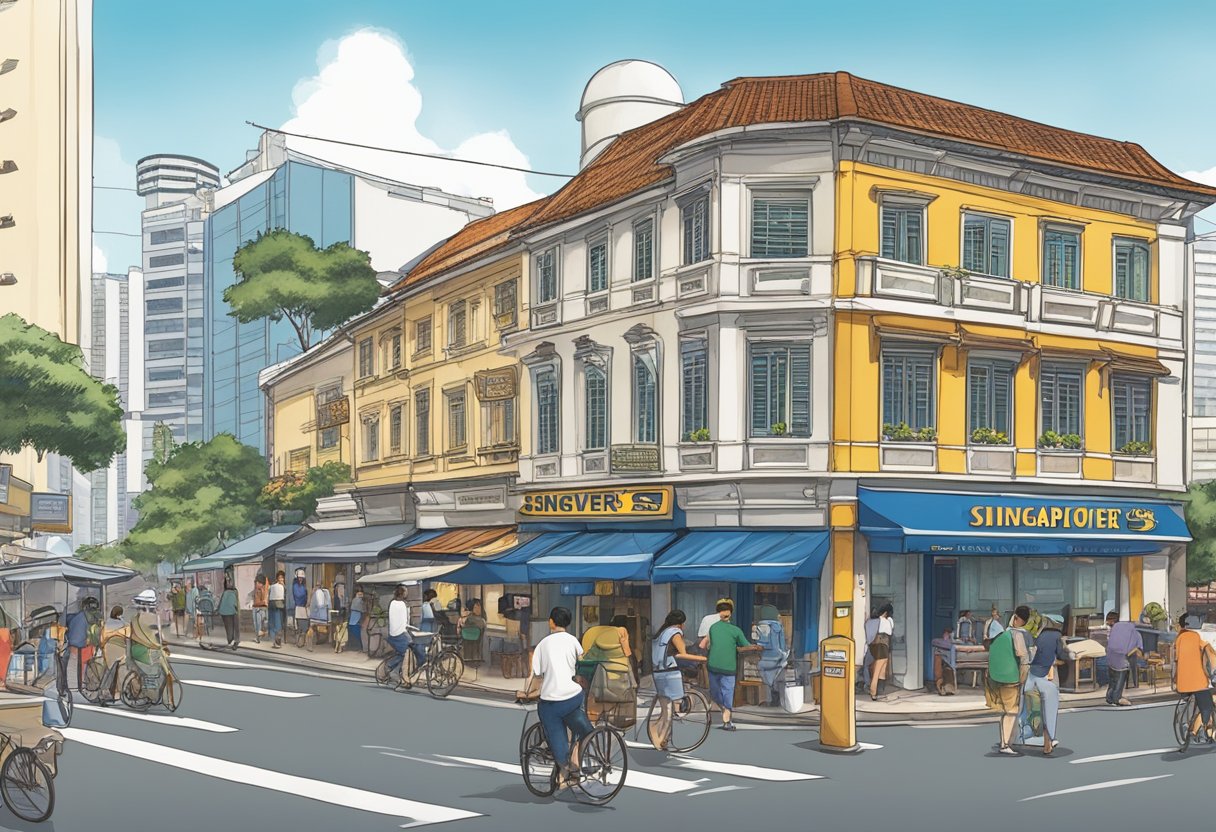 The bustling streets of Singapore surround the iconic Long John Silver's restaurant, with easy access for pedestrians and nearby public transportation options