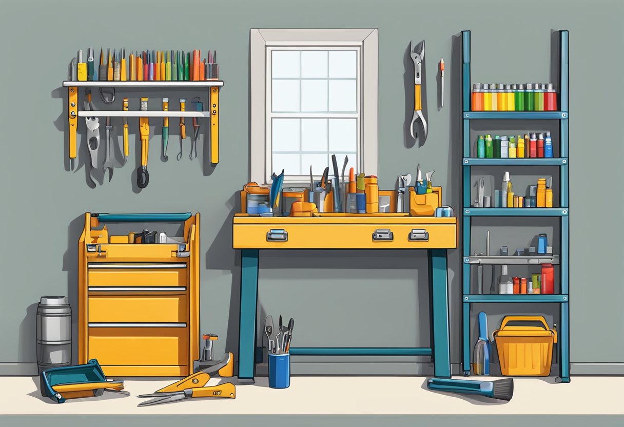 A toolbox sits open on a workbench, with various tools neatly organized inside. A ladder leans against the wall, and a can of paint stands nearby