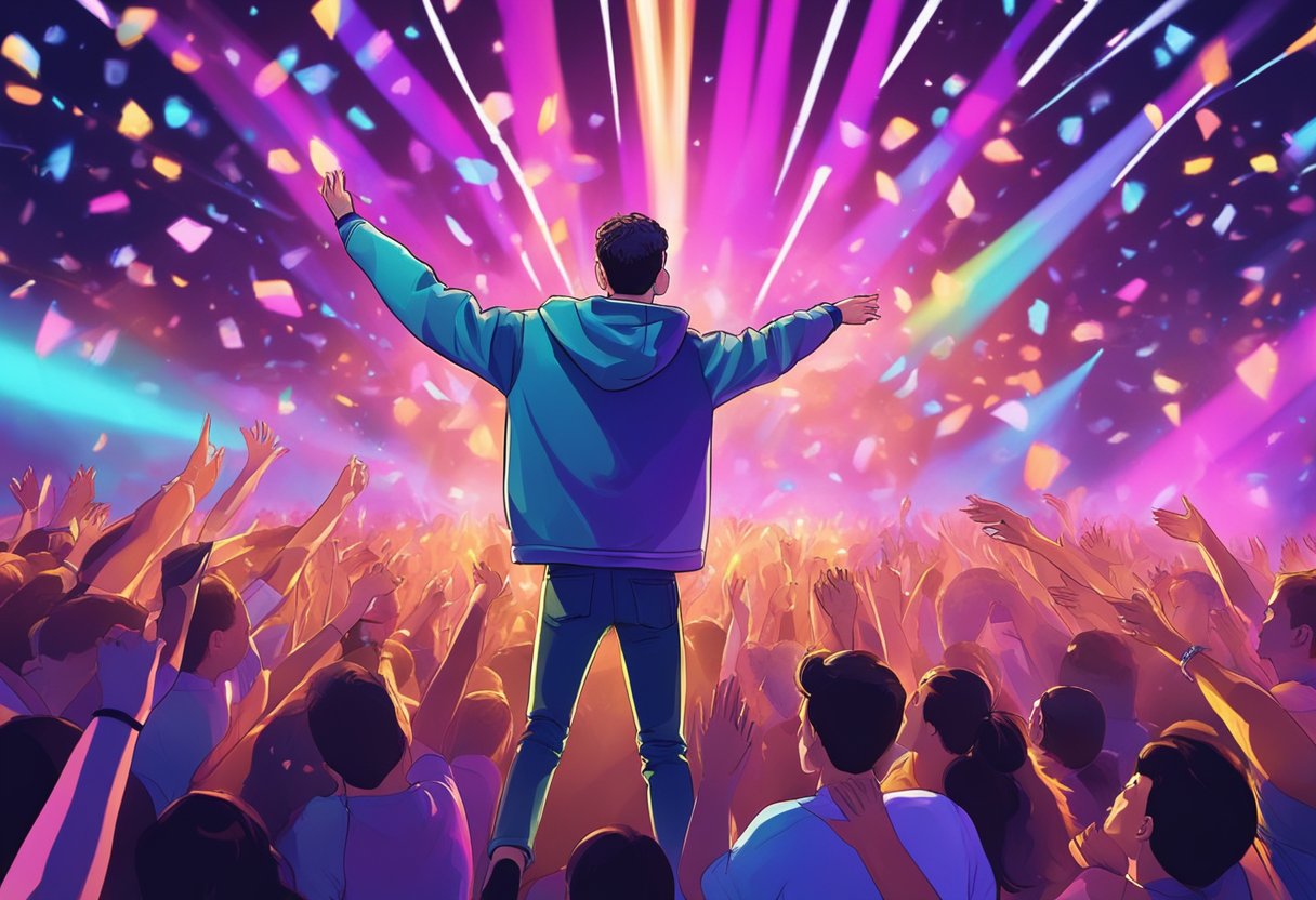 Lauv performs on stage, surrounded by colorful lights and a sea of cheering fans. His music fills the air, creating an atmosphere of energy and excitement