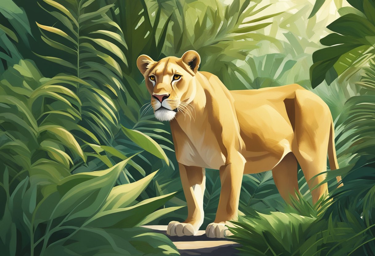 A lioness prowls through lush greenery in Simba Singapore, her golden coat blending with the sun-dappled foliage