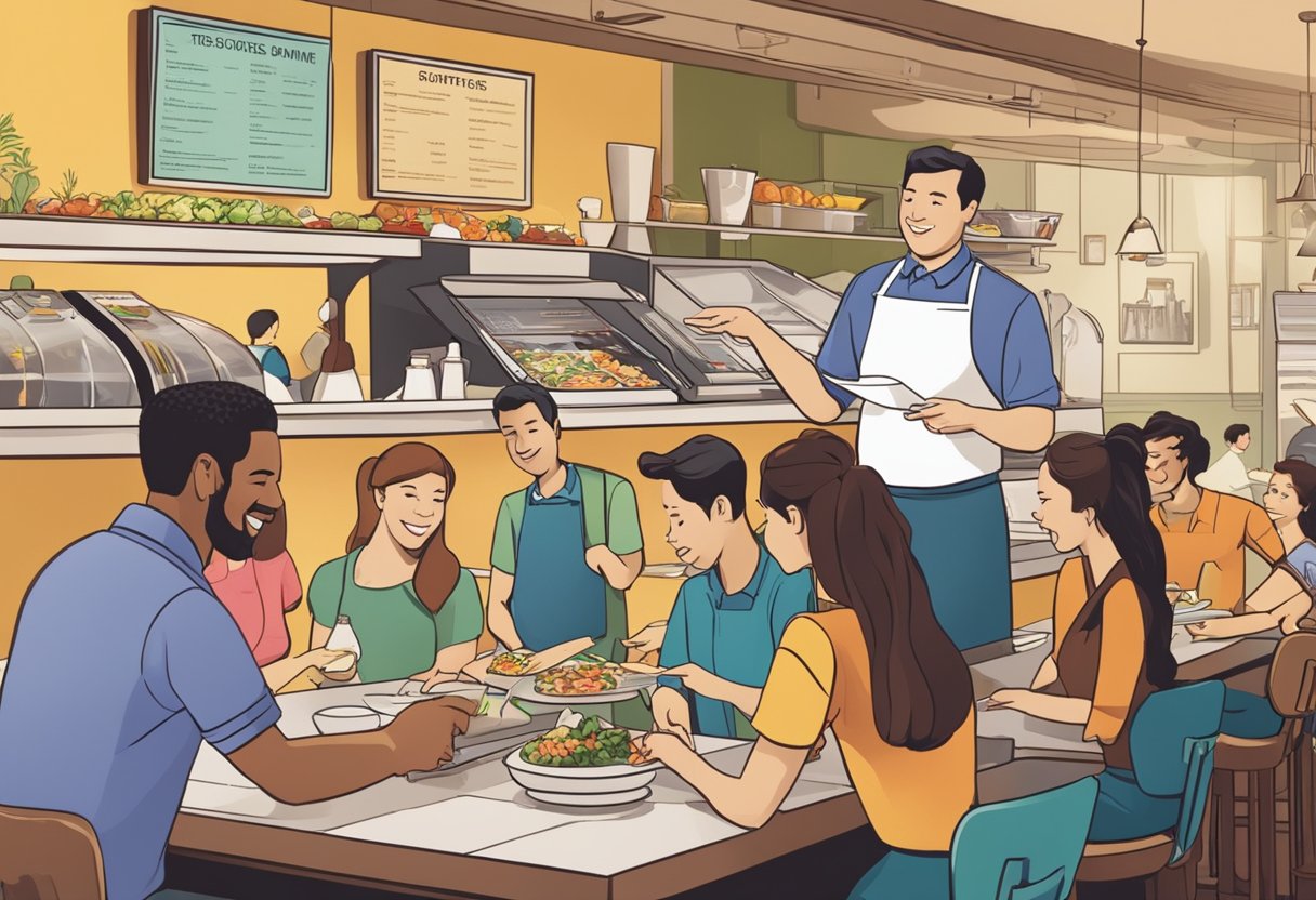 Customers line up at the counter, pointing at the menu. A server smiles as they answer questions about the dishes. The restaurant is bustling with activity