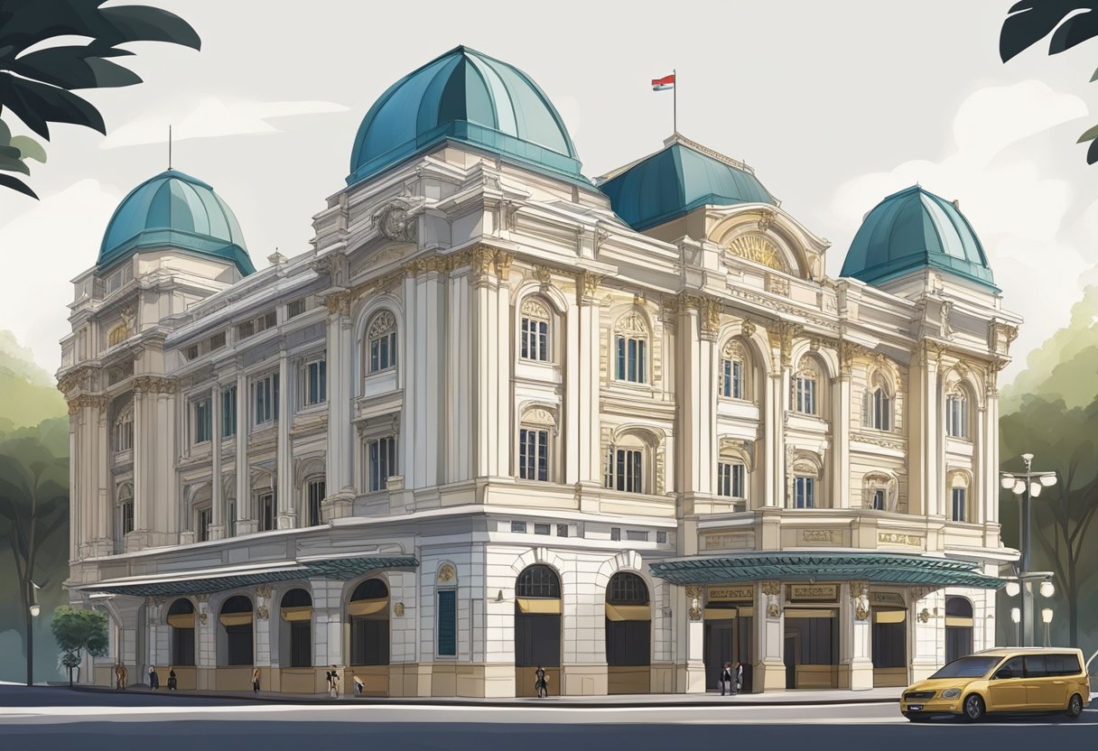 The grand Victoria Theatre in Singapore showcases a blend of colonial and modern architecture, with ornate detailing and a majestic presence