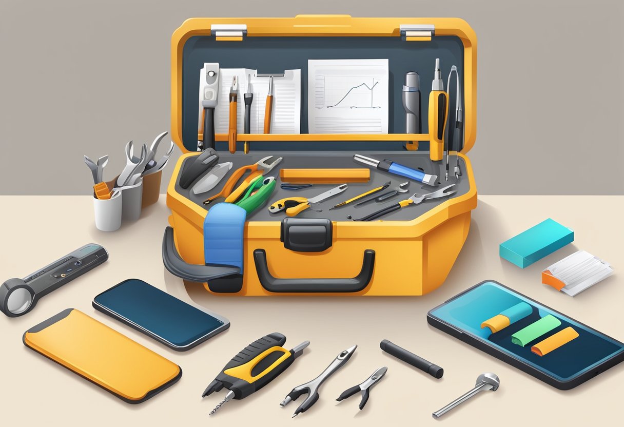 A toolbox with various tools, a smartphone with a list of FAQs, and a neatly organized work area