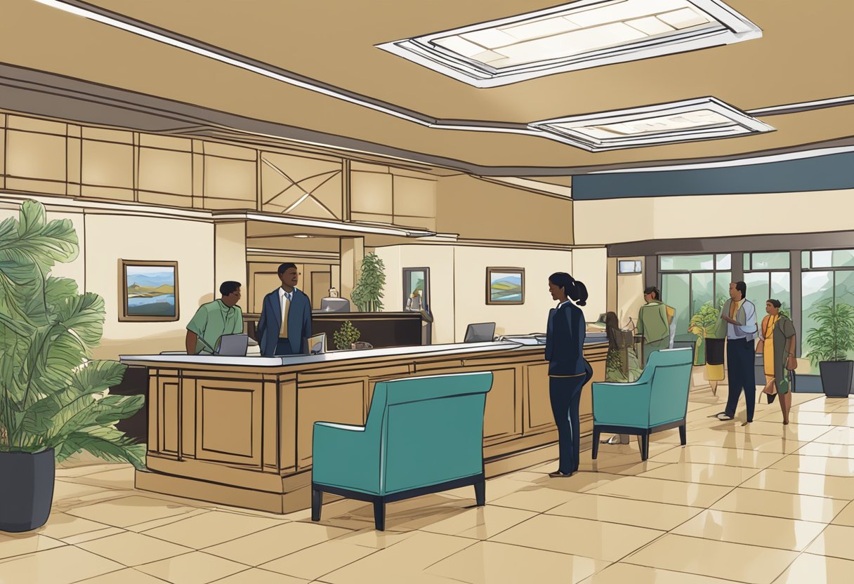 The hotel lobby bustles with guests seeking information. A sign reads "Frequently Asked Questions" above a desk where a staff member assists a guest