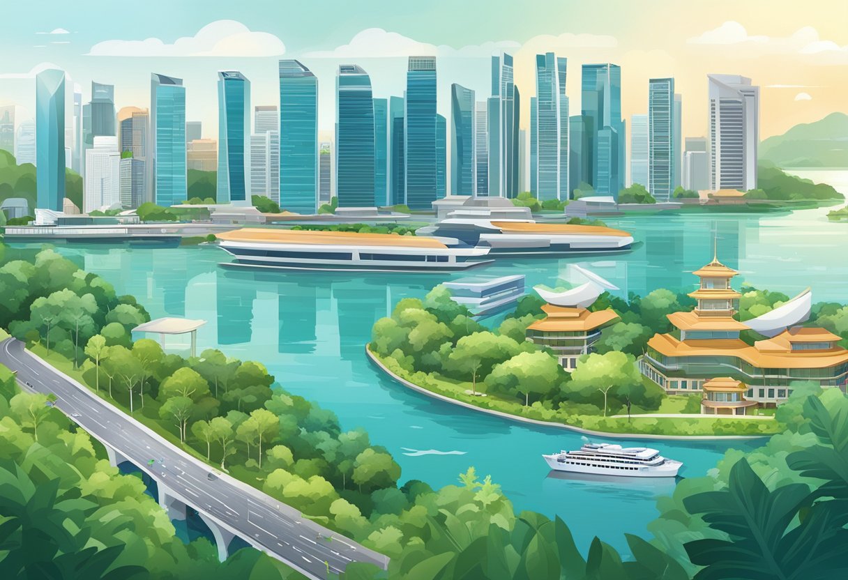 The bustling city of Singapore, with its iconic skyline and modern architecture, is surrounded by lush greenery and sparkling waters