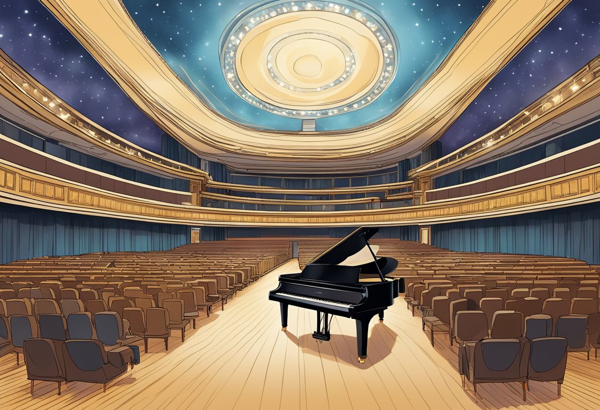 The stage at Victoria Theatre is set with bright lights and a grand piano. The audience seats are filled, and anticipation fills the air