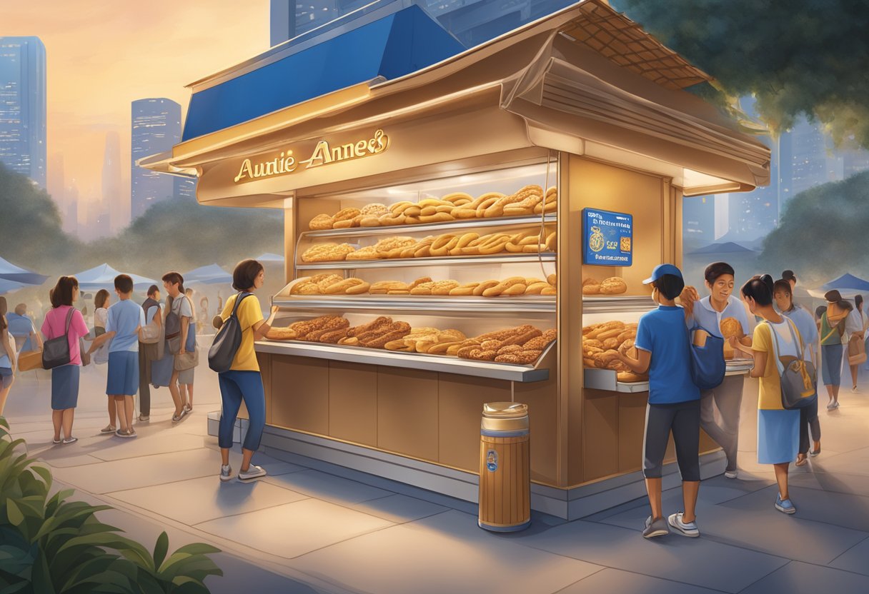Auntie Anne's Singapore kiosk bustling with customers, displaying a variety of freshly baked pretzels and the enticing aroma of cinnamon sugar