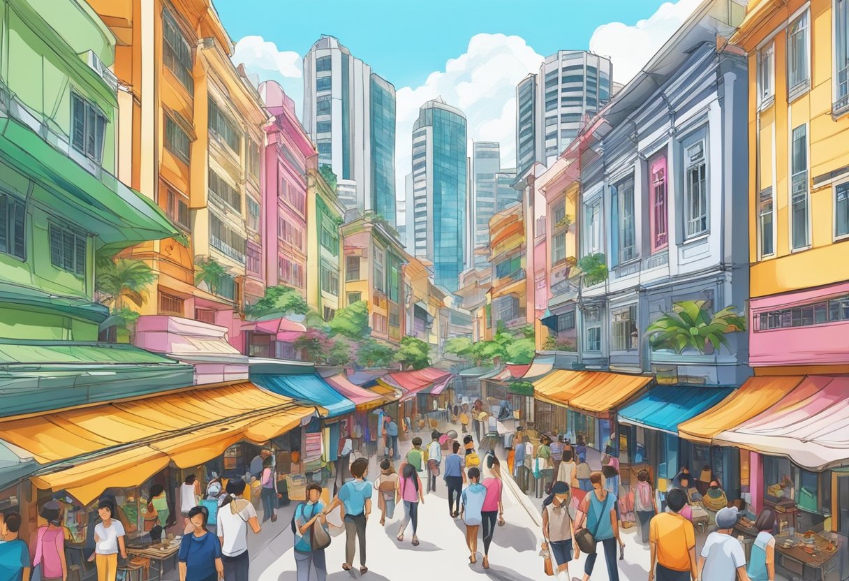 A bustling street in Singapore, with colorful buildings and vibrant signs. A mix of traditional and modern architecture, with people bustling about