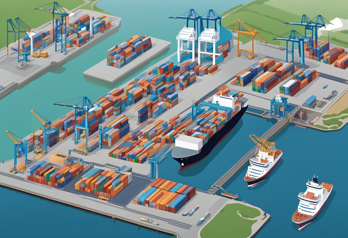 Aerial view of APM Singapore port with ships and cranes