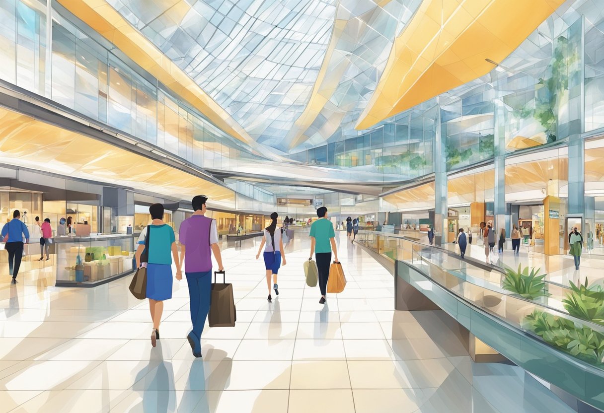 Passengers walking past luxury shops in Terminal 3 Singapore airport