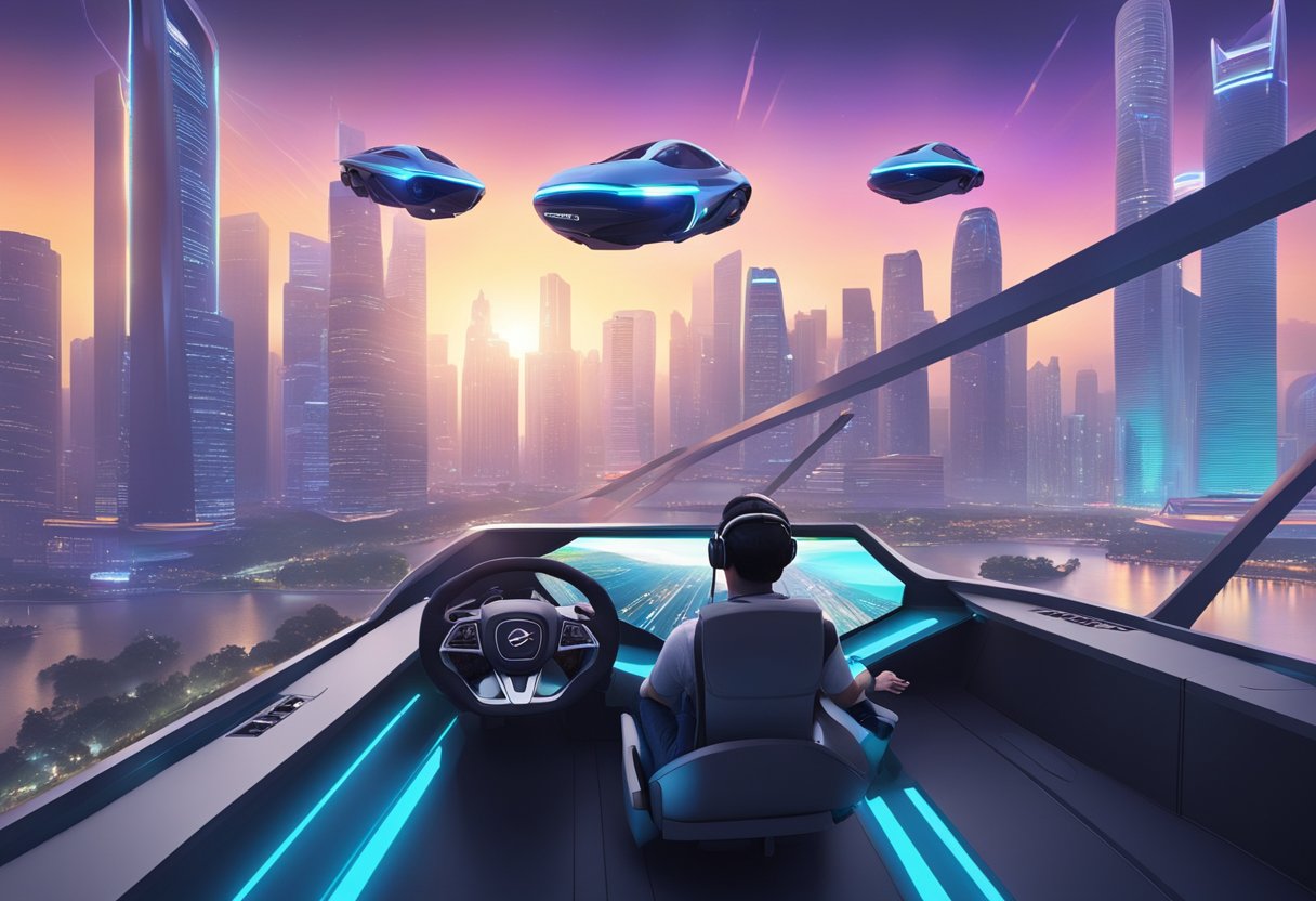 Players in VR headsets explore futuristic Singapore skyline with holographic displays and flying cars