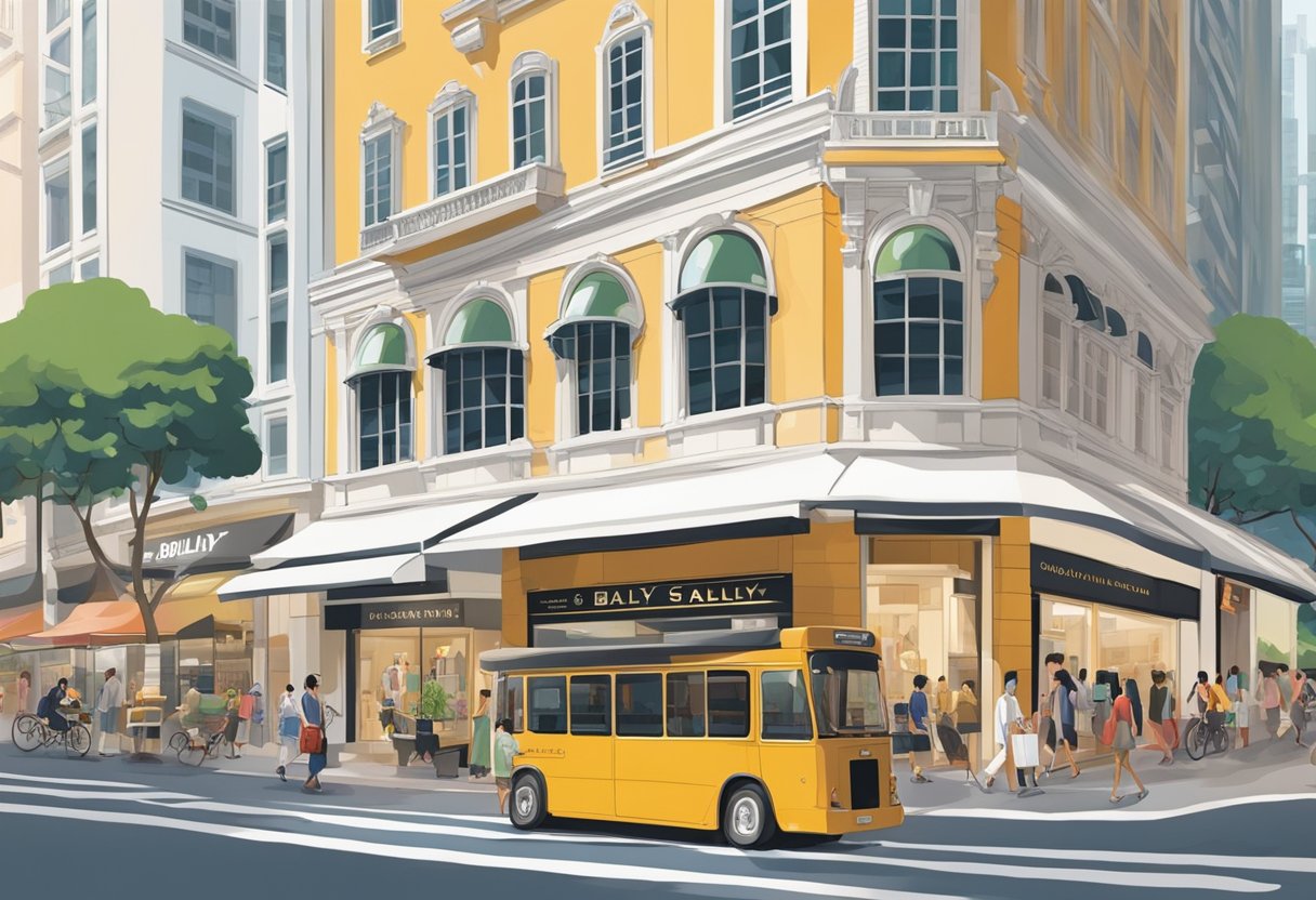 A bustling city street, with the iconic Bally storefront standing tall among other luxury shops. The vibrant atmosphere and modern architecture reflect the brand's presence in Singapore
