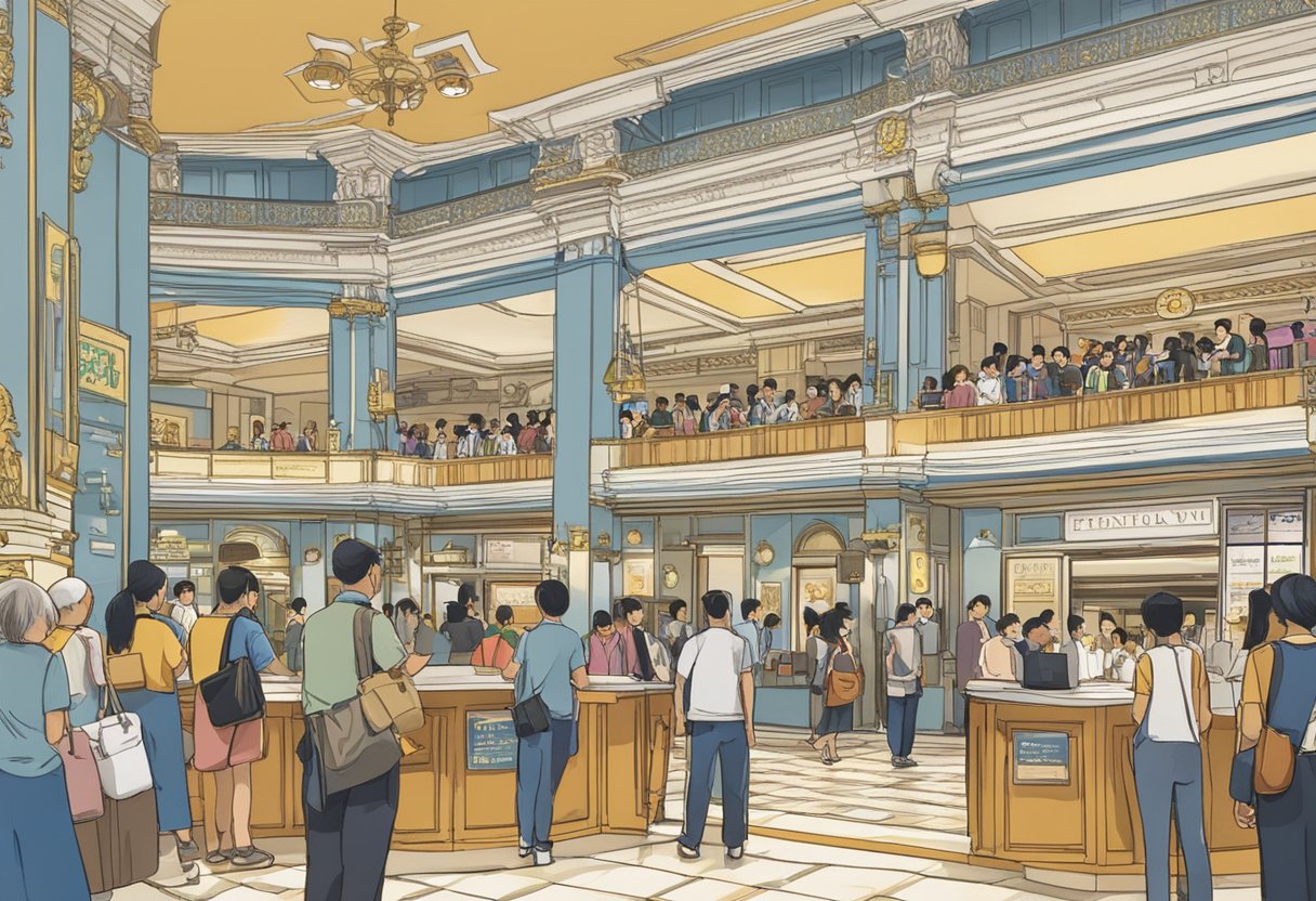 The bustling lobby of the Victoria Theatre in Singapore, with people lining up at the ticket counter and staff bustling about. A sign prominently displays "Frequently Asked Questions" for patrons