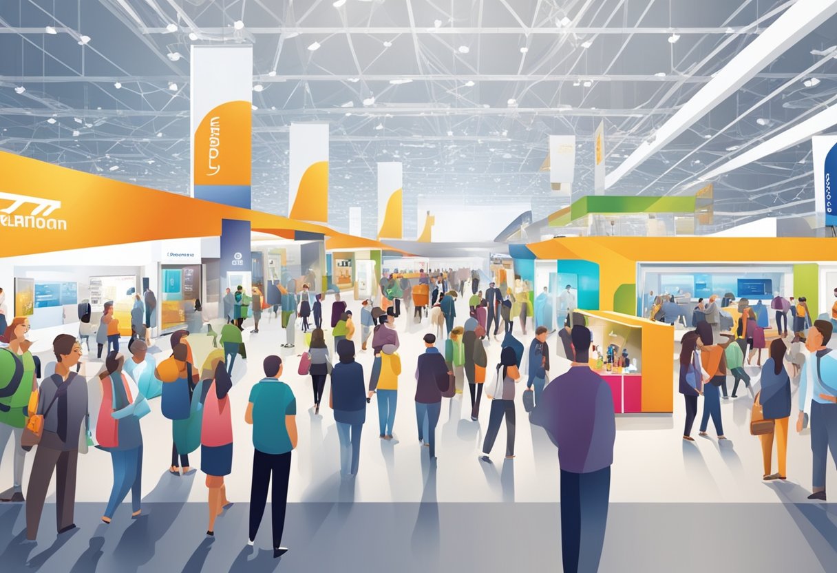 The bustling atmosphere of a modern exhibition hall, with colorful booths, interactive displays, and crowds of visitors exploring the latest products and innovations
