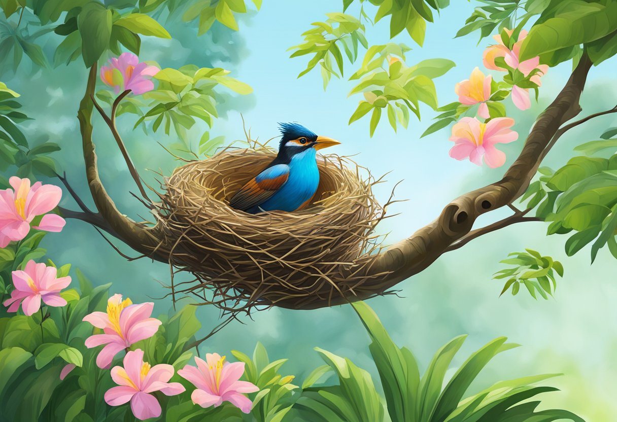 A bird's nest perched on a tree branch in Singapore, surrounded by lush green foliage and colorful flowers