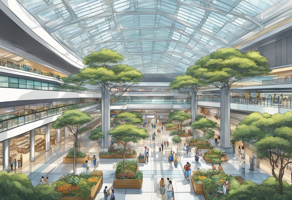The bustling Singapore airport terminal 3 features sleek lounges, vibrant shops, and a tranquil butterfly garden