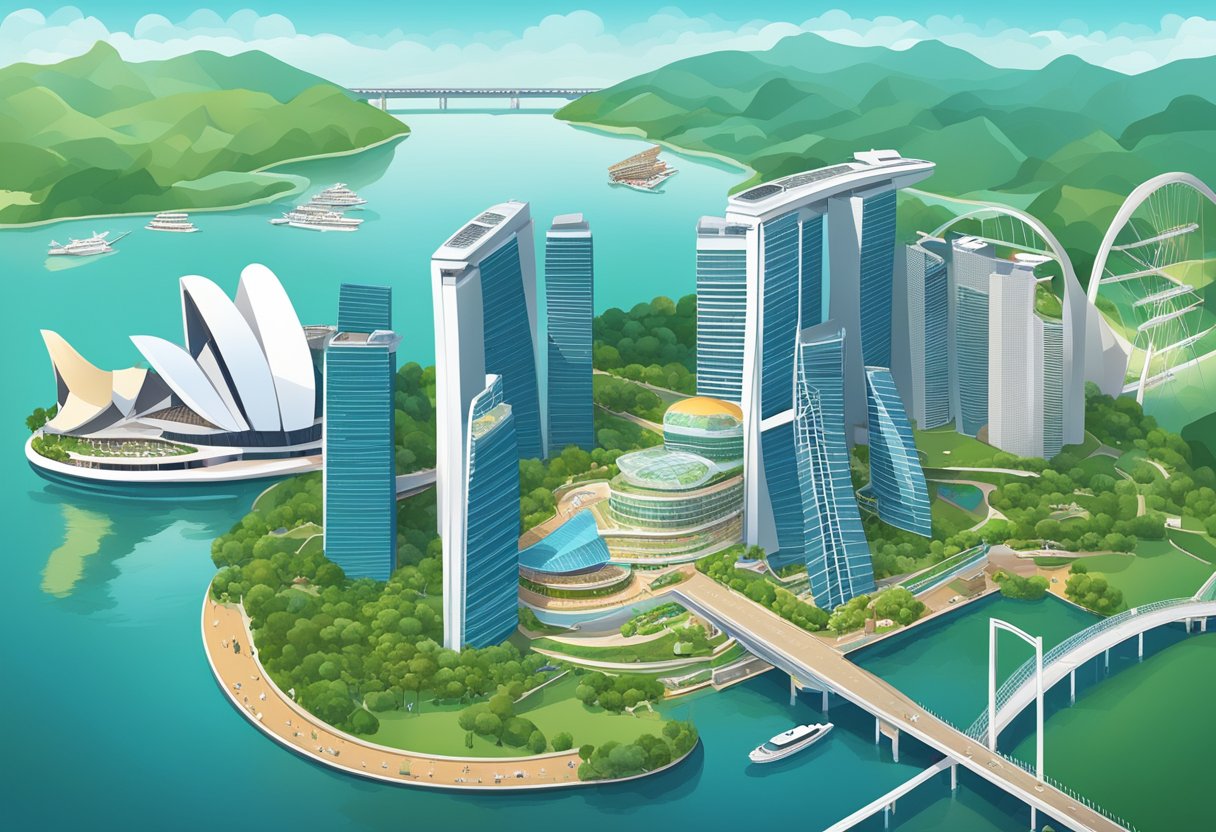 Aerial view of Singapore's skyline with iconic landmarks like the Marina Bay Sands, Gardens by the Bay, and the Singapore Flyer