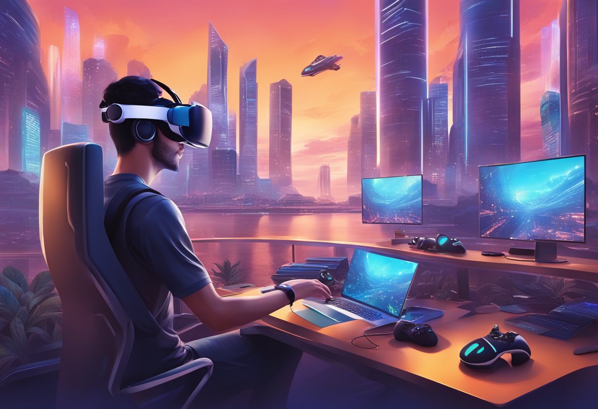 A person immerses in VR gaming in a futuristic Singapore setting, surrounded by high-tech equipment and vibrant digital landscapes