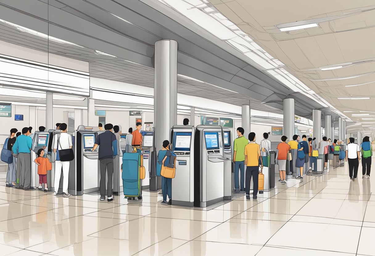 Passengers line up at information kiosks in Singapore Airport Terminal 3, while staff assist with inquiries and signage directs travelers