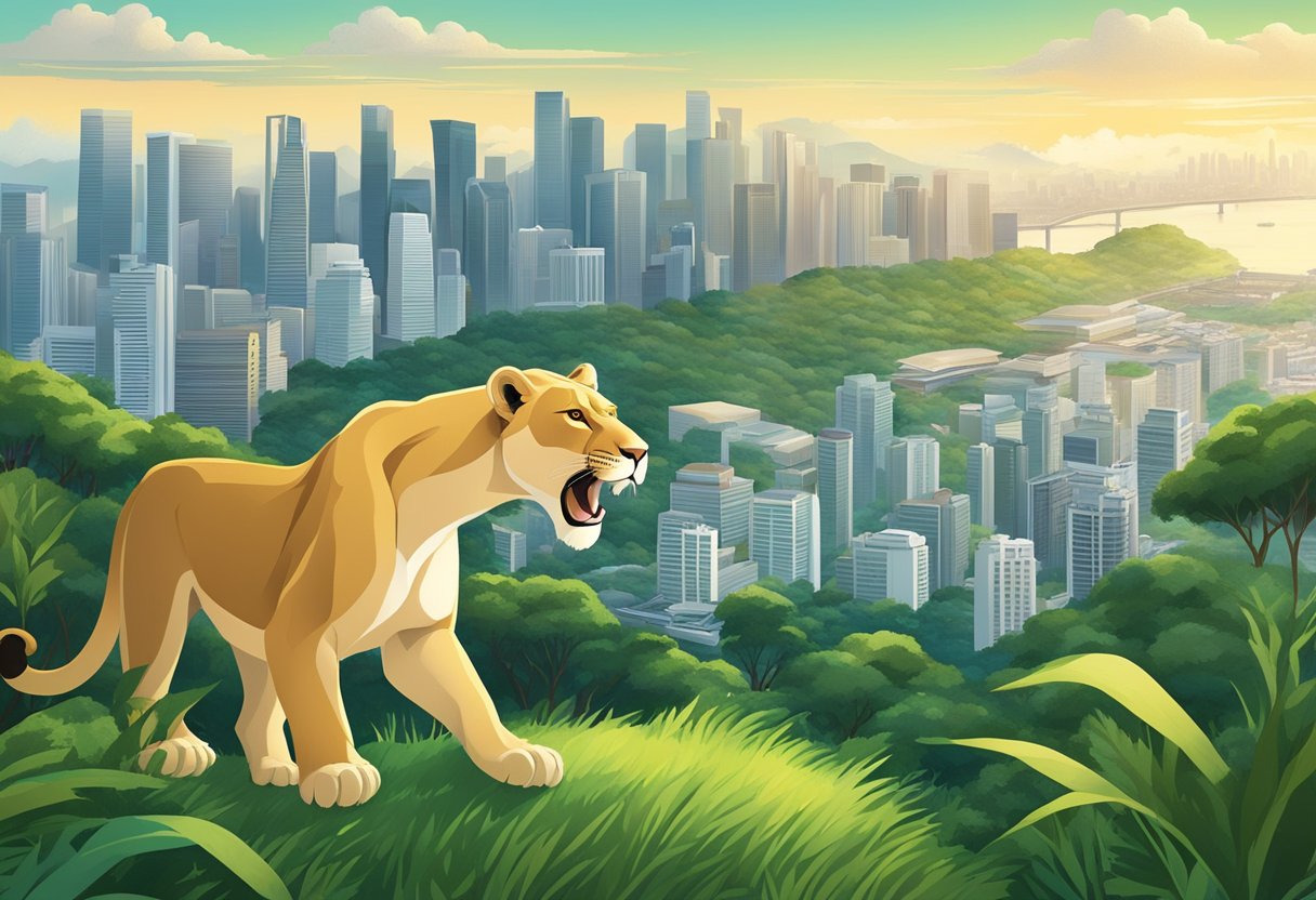 A lioness roars atop a lush green hill, overlooking a bustling cityscape with iconic Singaporean landmarks in the background