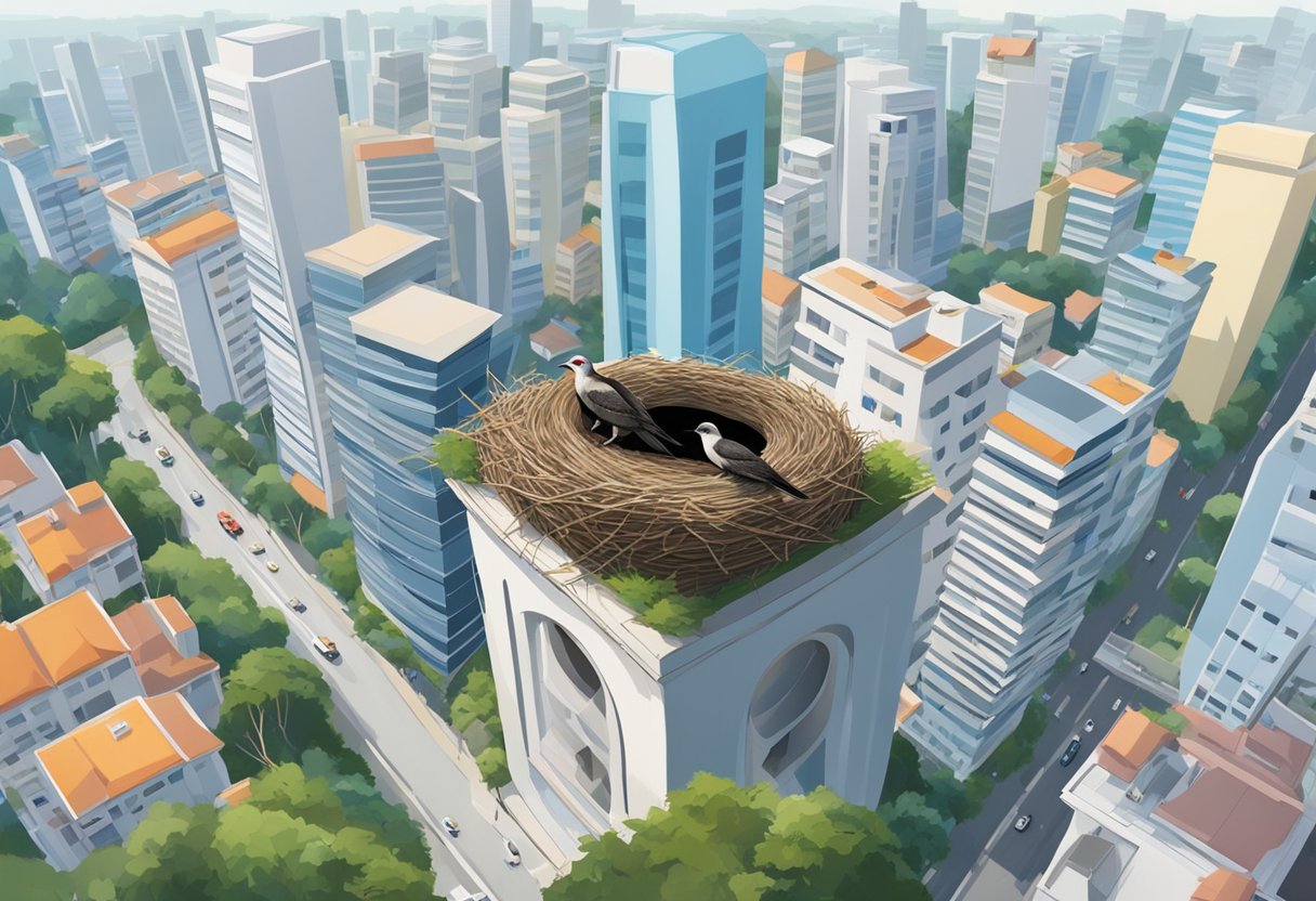 A pair of swiftlets build a nest on a high ledge in a bustling urban area of Singapore, surrounded by modern buildings and bustling city life