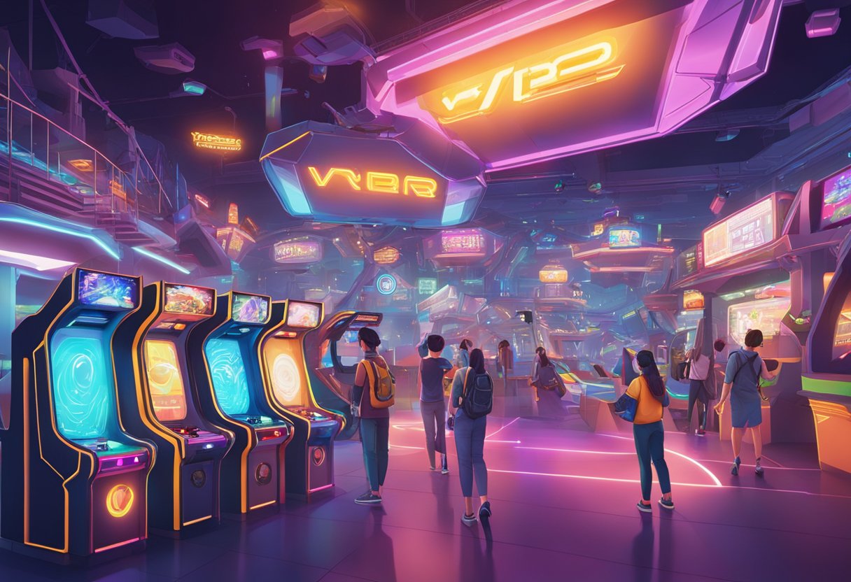 A bustling VR arcade with futuristic attractions and vibrant displays in Singapore
