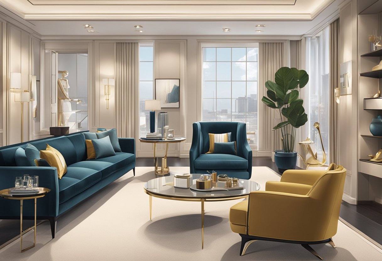 Bally's product range and services displayed in a sleek, modern showroom with elegant furniture and luxurious accessories
