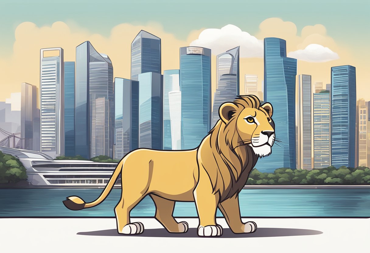 A lion cub standing proudly in front of the iconic Singapore skyline, with the words "Frequently Asked Questions" displayed prominently in the background
