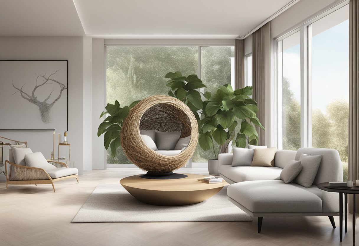 A sleek, modern bird nest product sits on a clean, minimalist surface in a bright, airy room. The product is surrounded by natural elements and exudes a sense of luxury and sophistication