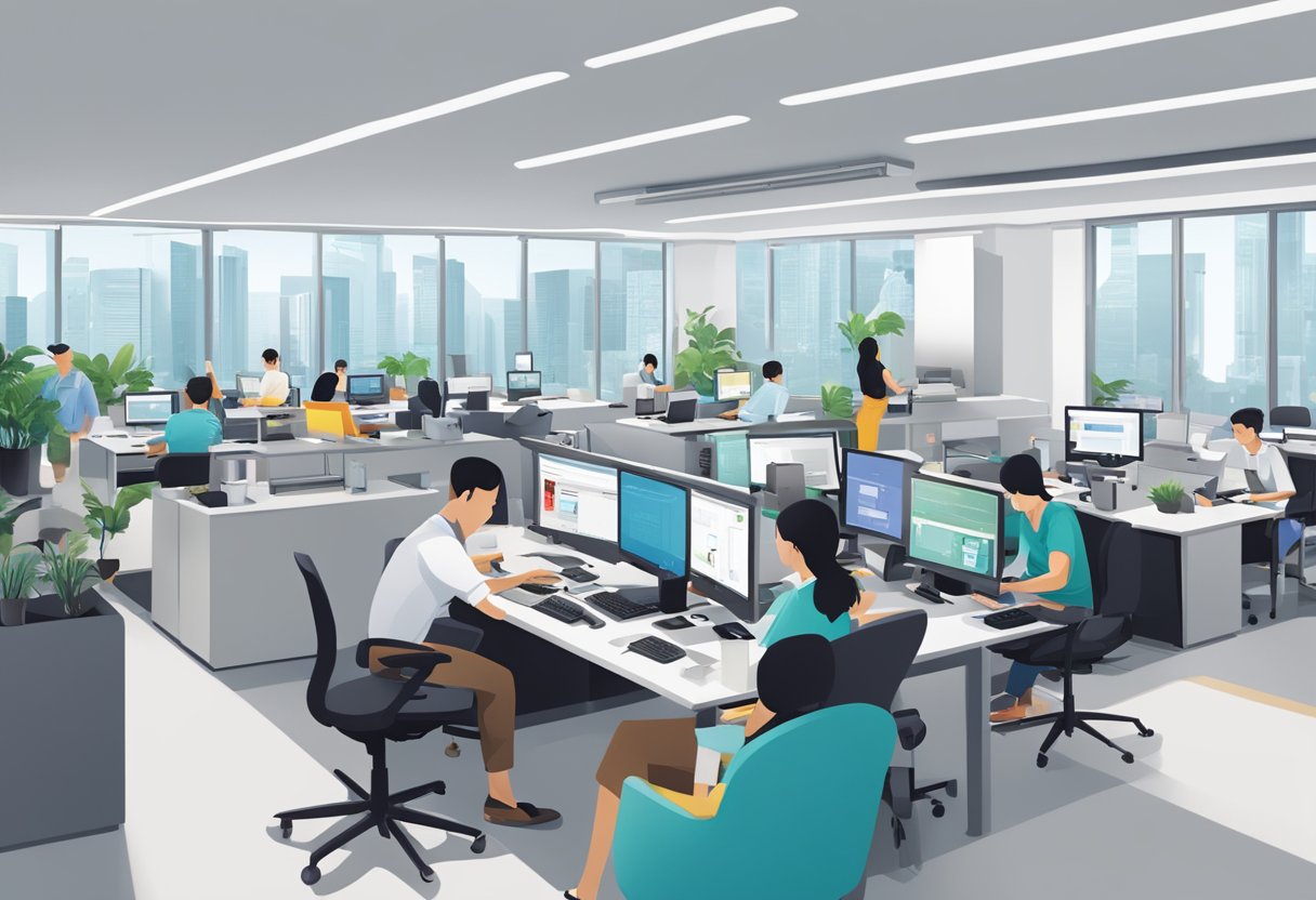 A bustling office in Singapore, with Logitech products on desks and employees working on computers