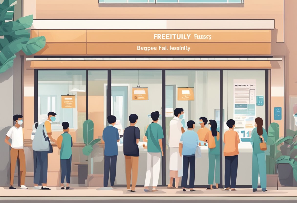 People lining up outside a medical facility in Singapore for their booster jab. Signs and posters with "Frequently Asked Questions" displayed prominently