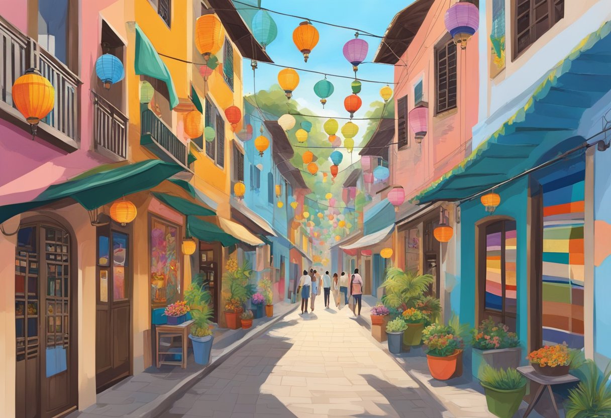 Vibrant shops line the narrow alley, adorned with colorful murals and hanging lanterns. Tourists and locals alike wander through, taking in the eclectic mix of art, fashion, and culture
